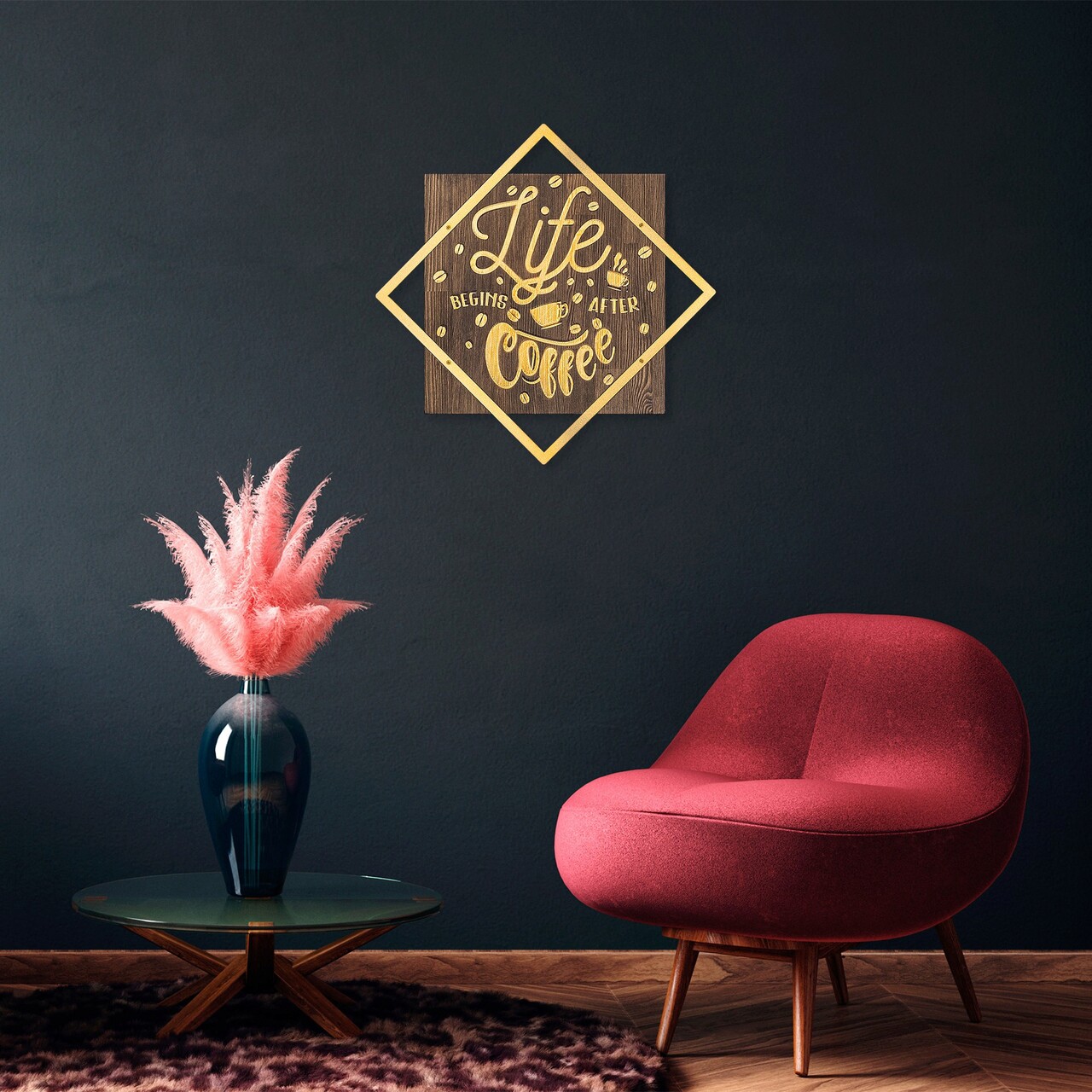 Decoratiune de perete, Life Begins After Coffee, Dimensiune: 54 x 54 cm, Nuc / Aur - imagine 7